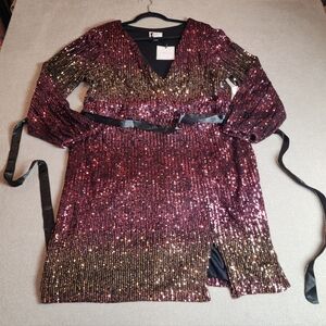 NWT Premier Amour Sequin Long Sleeve Mini Dress Pink Red Gold Stretchy Size 20W